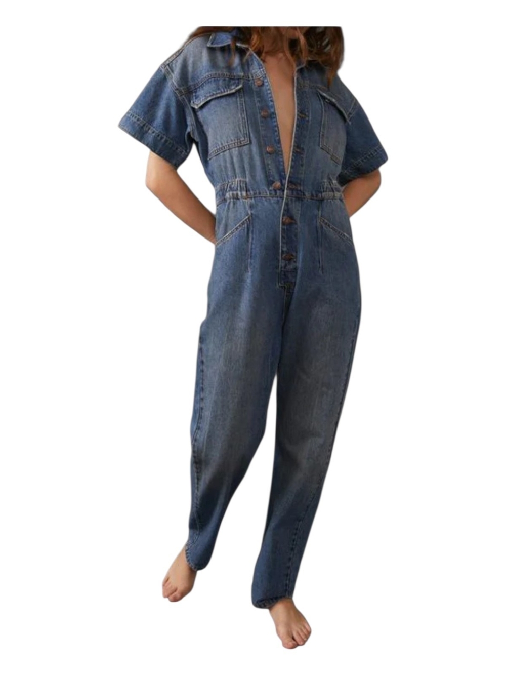 Free People- We The Free Blue Denim Short-Sleeve Jumpsuit Sz S